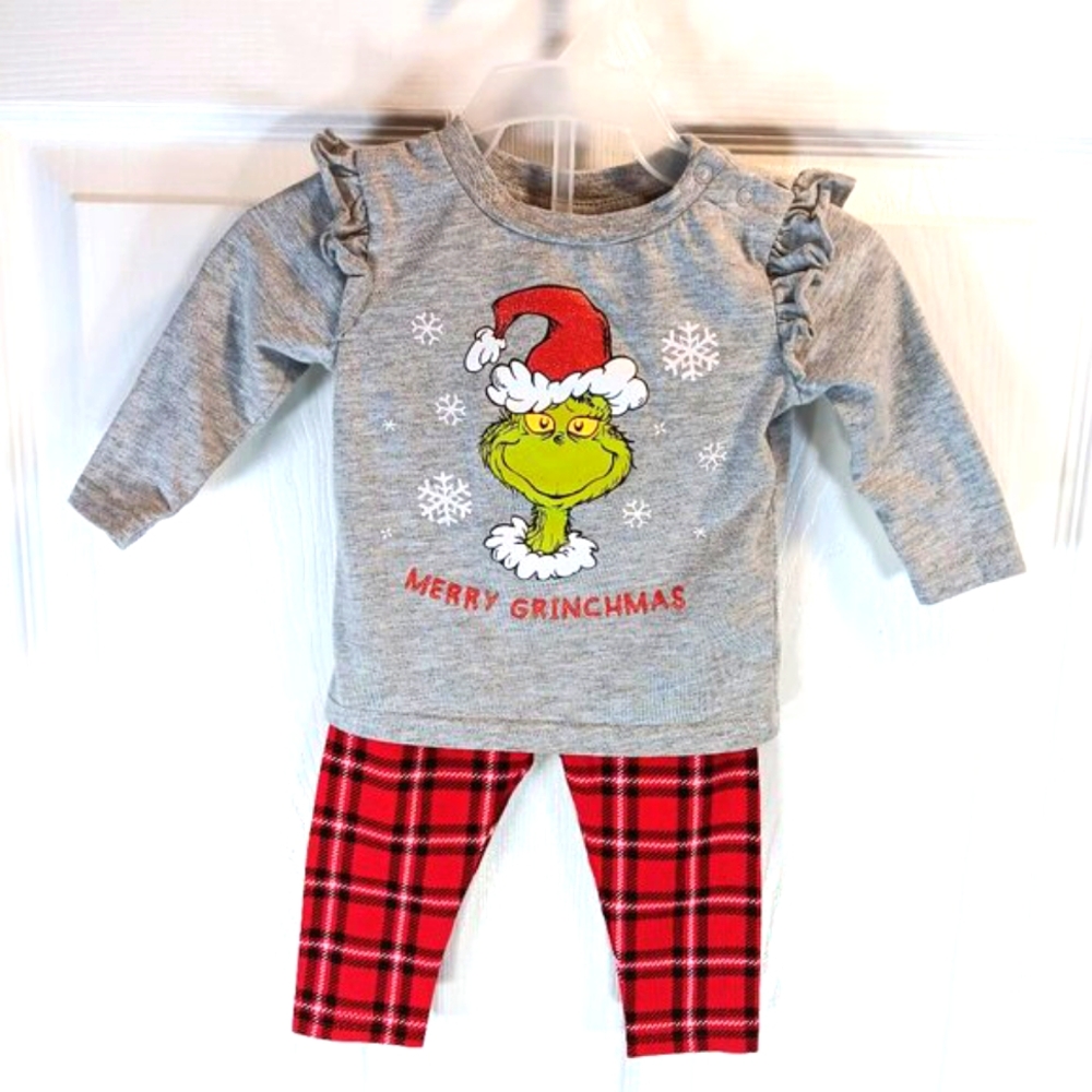 Grinch Christmas 2 Piece Outfit Shirt Pants Baby Girl Size 3-6 Months NWOT